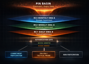 Law X formalizes the Dual-Magnet Principle (Pin Basin → Commitment Basin) and the Regime Commitment Trinity (Daily, Weekly, Monthly) to compute regime authority, permission commitment, and eliminate guessing across all asset classes.